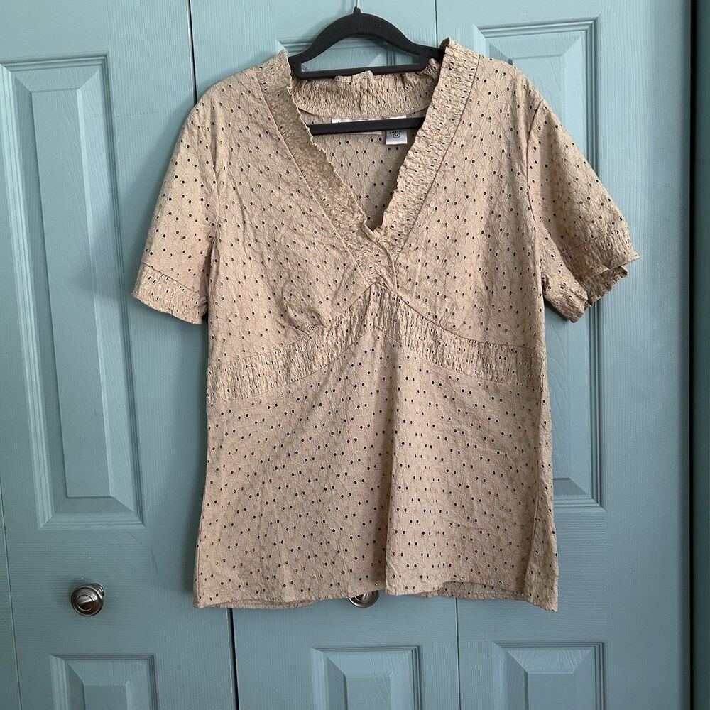 New Direction Womens Babydoll Beige Blouse Medium‎ Cottagecore Edwardian Eyelet